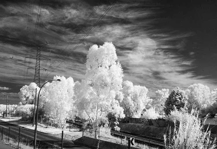 Photo of a black and white infrared landscape. The photo shows a traintrack with a power line running over it and a lot of trees in the area.